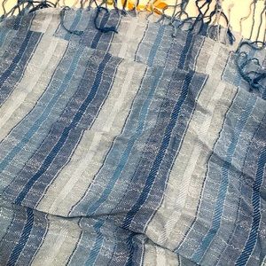 Blue striped scarf with metallic thread details, missing tag